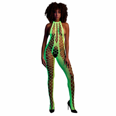 Ouch! Glow in the Dark | Bodystocking moulant avec dos nu vert fluo