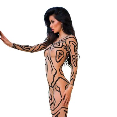 Chilirose 4092 | Bodystocking sexy semi-transparent à rayures noires Chilirose 4092 | Bodystocking sexy semi-transparent à rayures noires