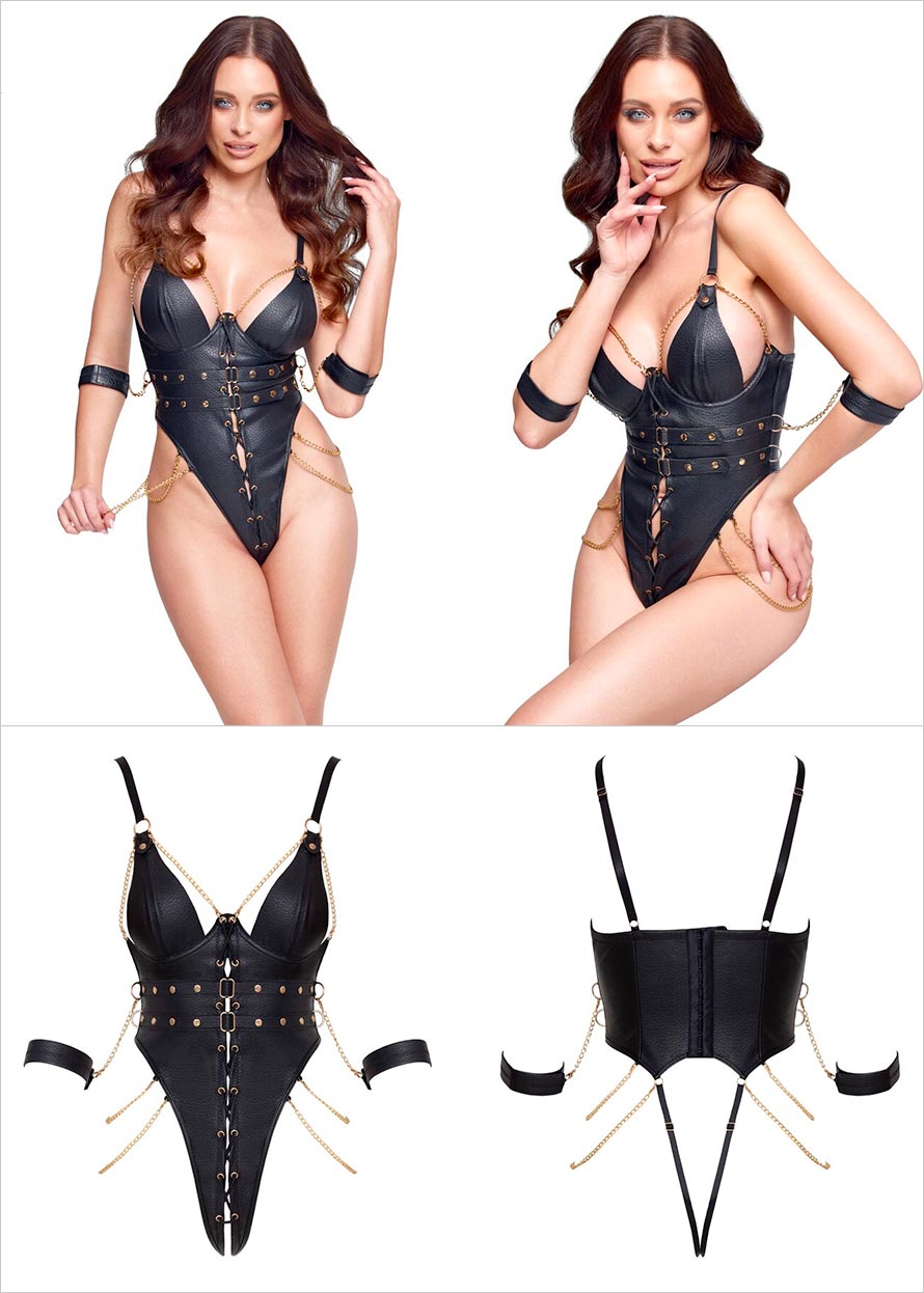 Cottelli Bondage 2645 Offener Body mit Handschellen - Schwarz