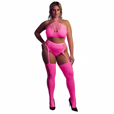Ouch! Glow in the Dark | Set rose top et bas effet porte-jaretelles
