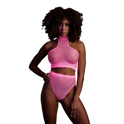 Ouch! Glow in the Dark | Neonpinkes Set mit Top & hochgeschnittenem Höschen
