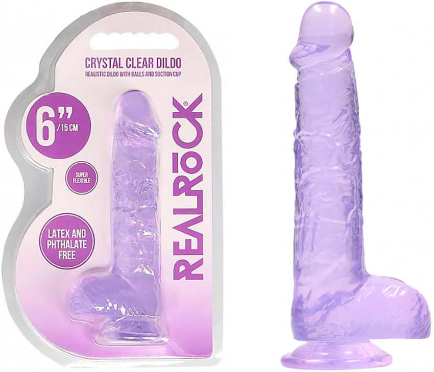 RealRock Crystal Clear Dildo mit Hoden und Saugfuss - 12 cm - Violett