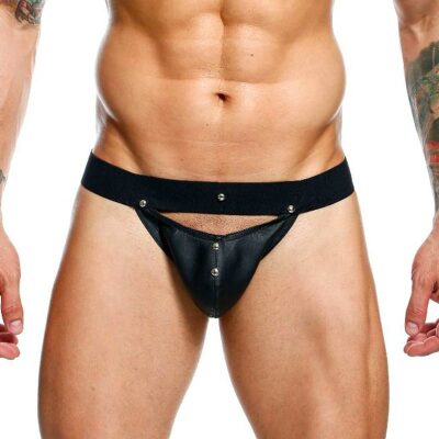 DNGEON Peakaboo | Jockstrap noir en similicuir avec boutons décoratifs