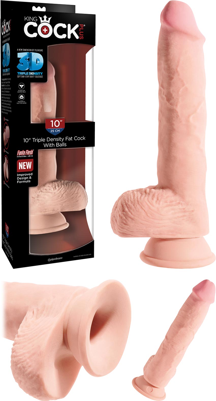 Dildo réaliste King Cock Plus Fat 3D avec testicules - 20 cm - Beige