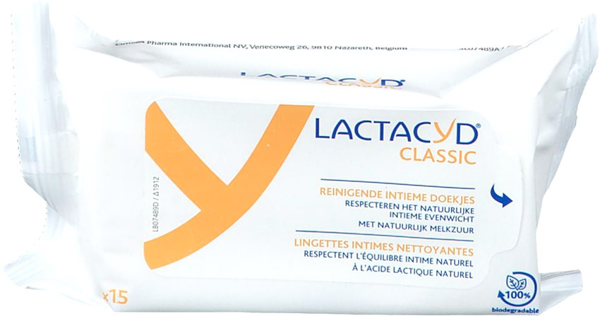 Lingettes intimes nettoyantes Lactacyd Classic (15 lingettes)