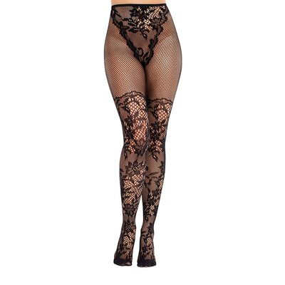 Leg Avenue 9237 | Netzstrumpfhose mit floraler Spitze | Schwarz