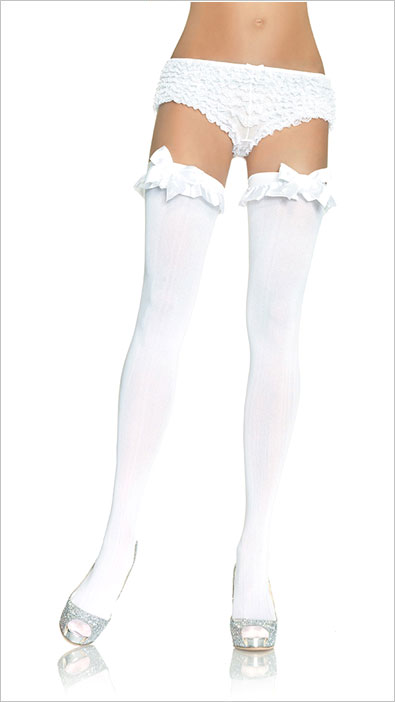 Leg Avenue Opaque Thigh Highs with Ruffle Trim - White (S/M)