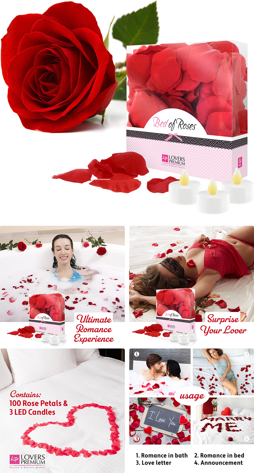 Bed of Roses Romantic Set - Rose Petals & LED Candles - Red