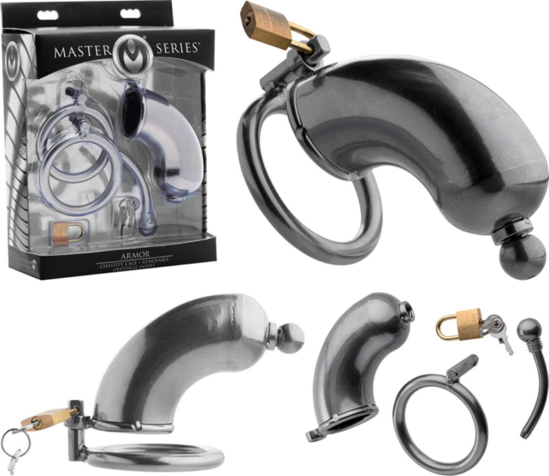 Master Series Armor chastity cage in steel with urethral plug
