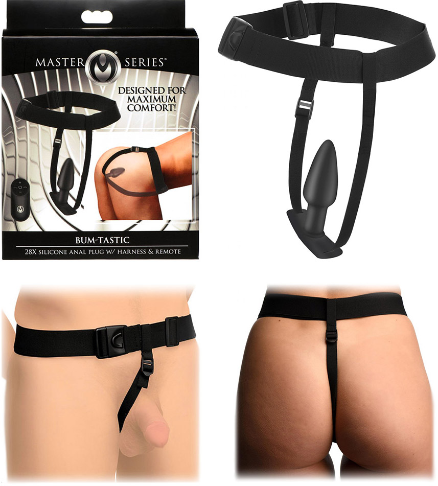 Master Series Bum-Tastic vibrating butt plug with harness