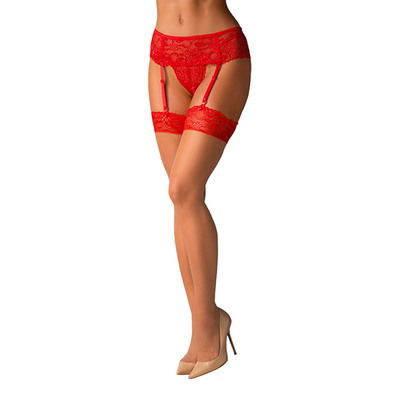 Obsessive 838 | Élégant bas fins de couleur beige avec dentelle rouge