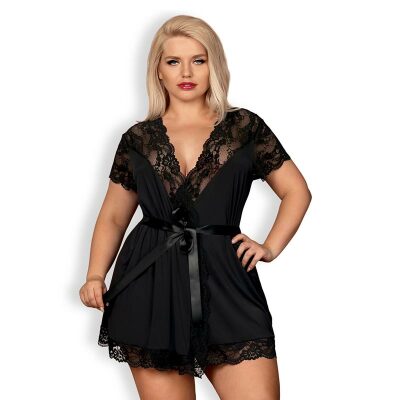 Obsessive 810-PEI-1 | Séduisant peignoir en tissu satiné et dentelle