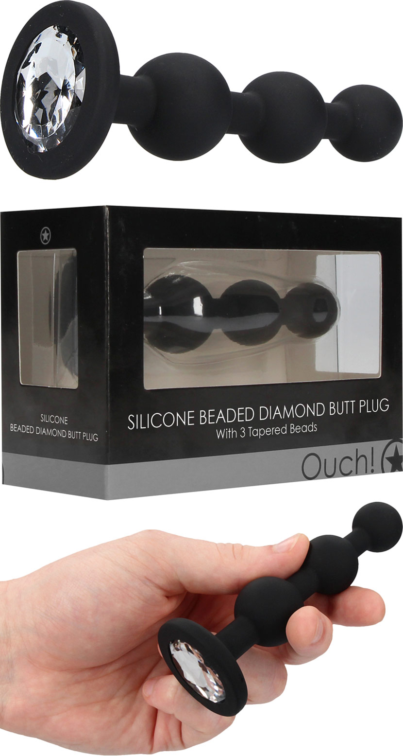 Ouch! | Plug anale con perle in silicone e cristallo | Nero