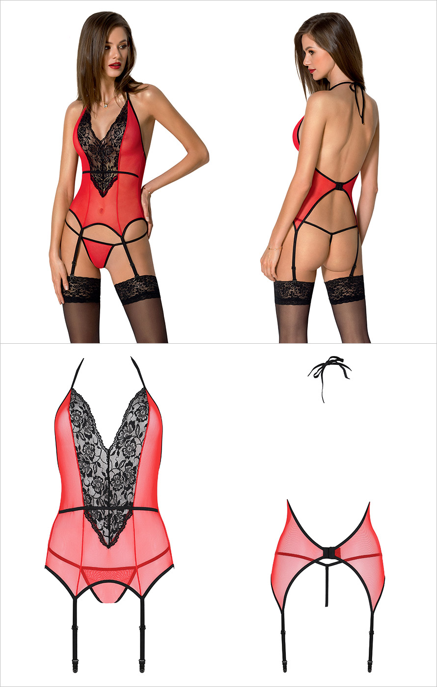 Passion Peonia Corset & Thong - Red & black (S/M)