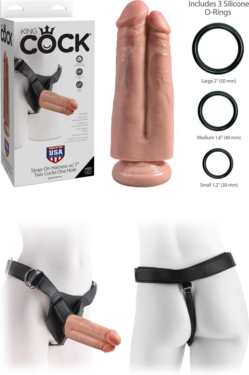 King Cock harness with realistic double dildo - Beige - 18 cm