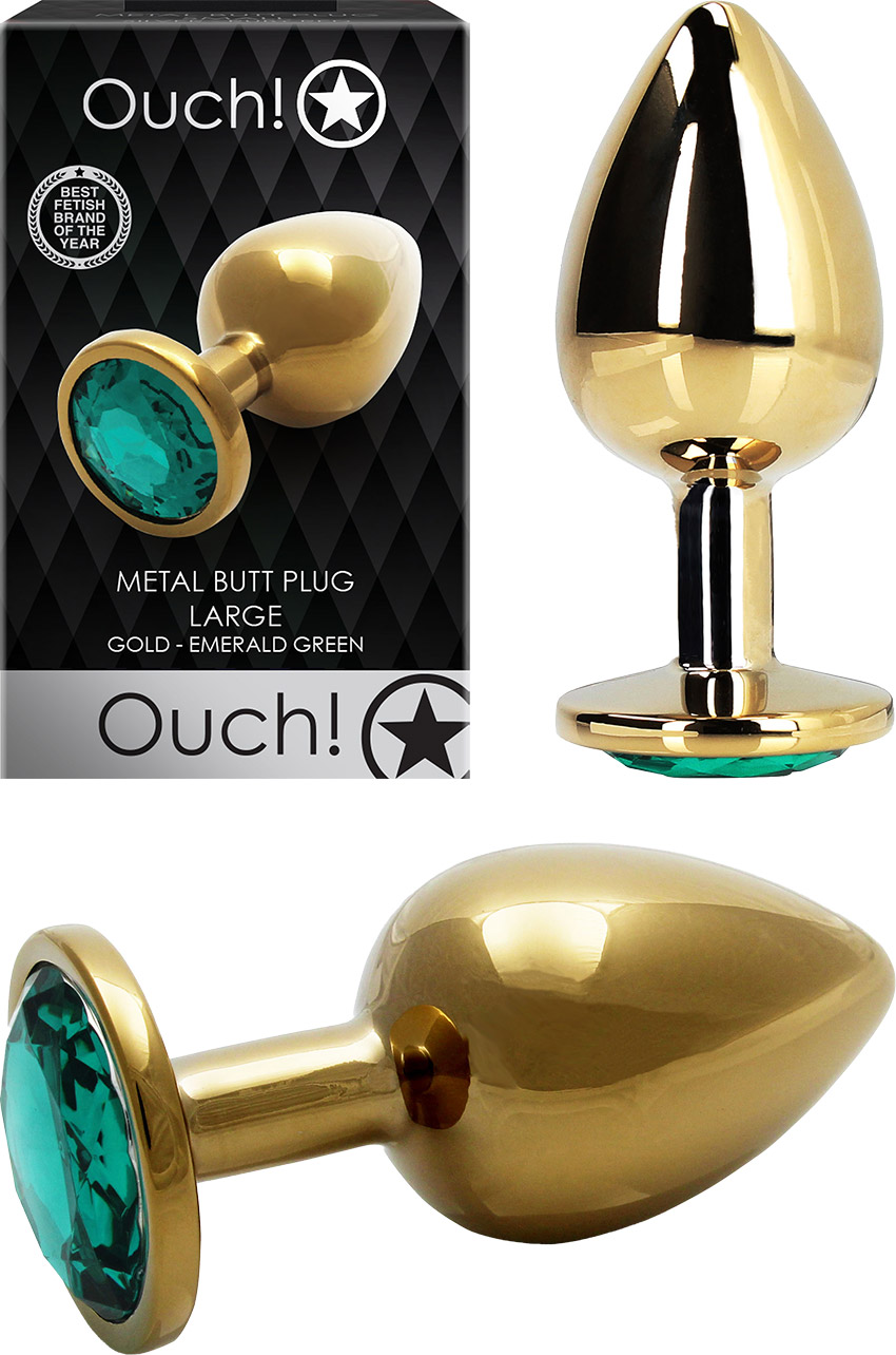 Plug anal en métal doré avec cristal vert Ouch! Metal Butt Plug