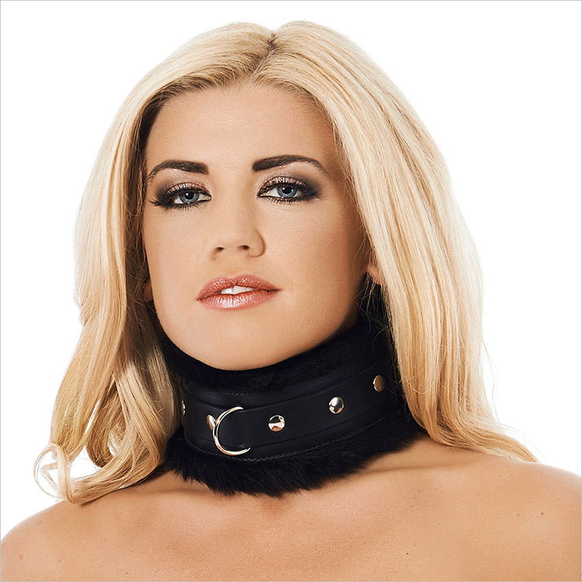 Padded leather collar with fake fur - Black (S/M)