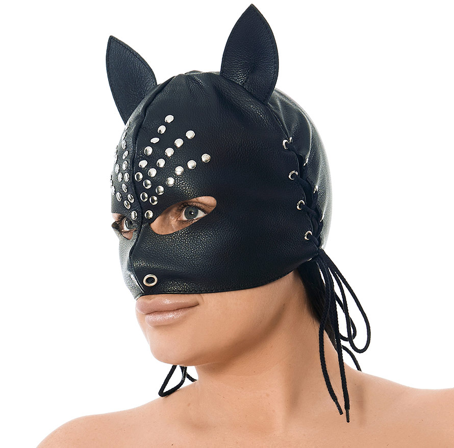Rimba leather mask with ears and decorative rivets