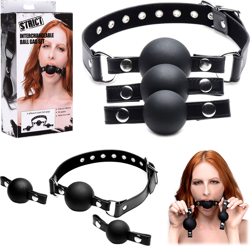 Strict ball gag with 3 interchangeable balls - Black