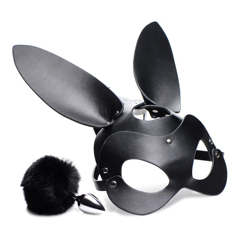 Tailz Hasenmaske und Analplug mit Bommel - Schwarz