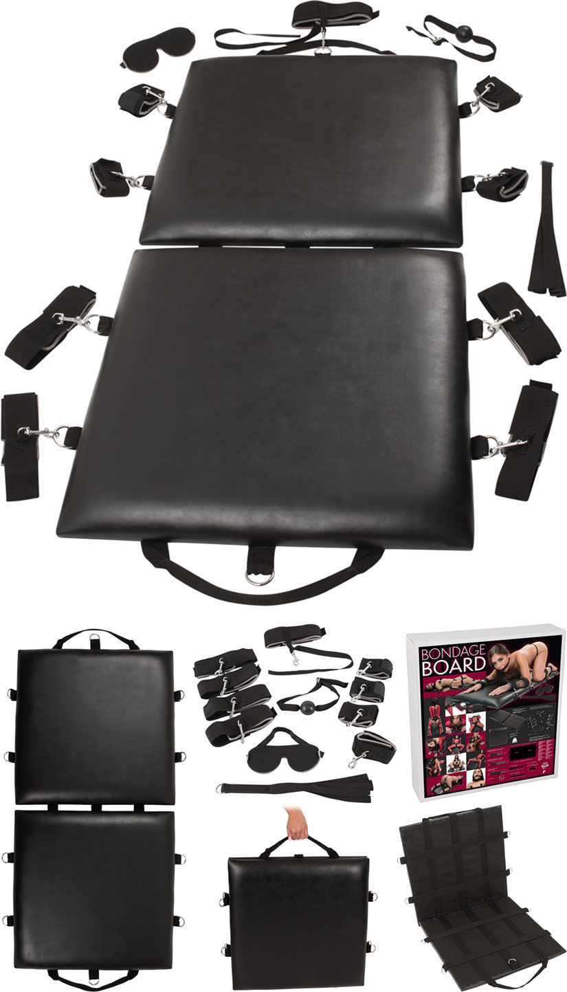 Tavolo da bondage con elementi di fissaggio e accessori BDSM