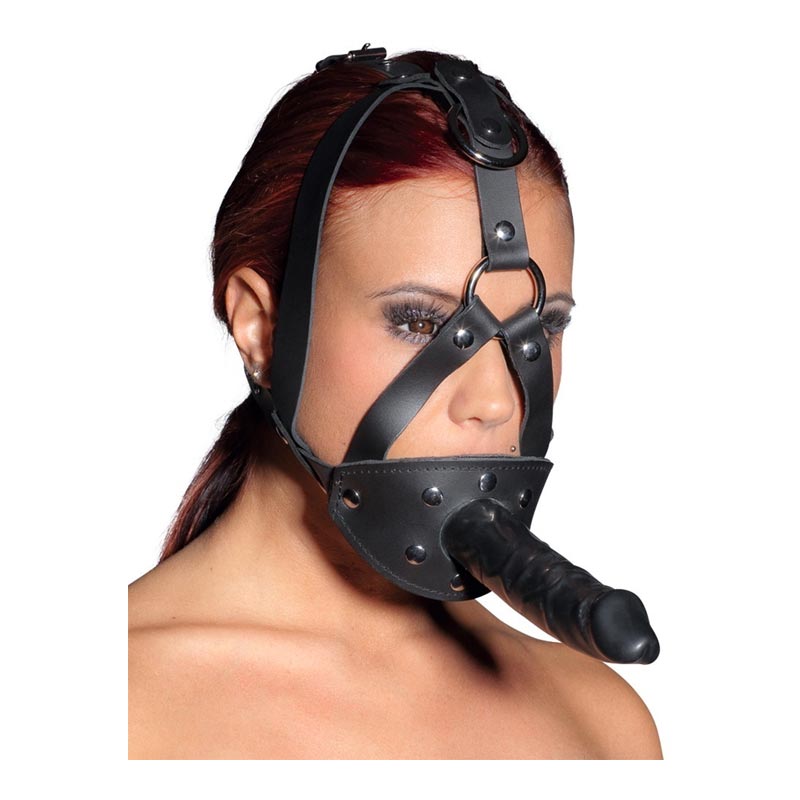 Zado Kopfharness aus Leder mit Ballknebel und integriertem Dildo