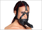 Zado leather head harness with integrated ball gag and dildo